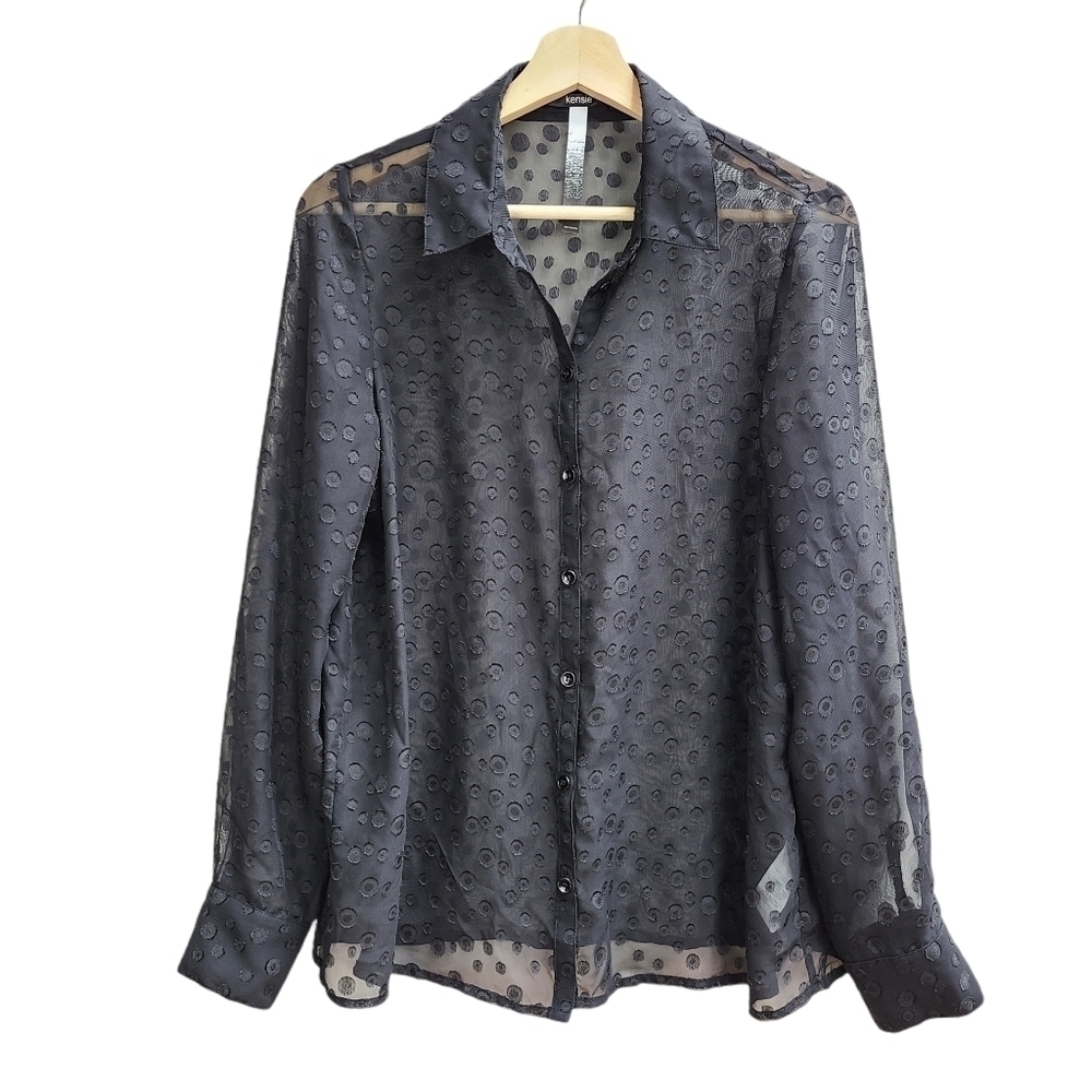 Kensie Sheer Black Button-down Blouse with Polkadots, Size Medium - Picture 5 of 6
